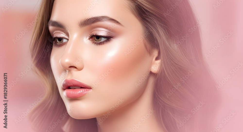 Fototapeta premium Elegant Womans Face with Soft Makeup Pink Tones and Glowing Skin.