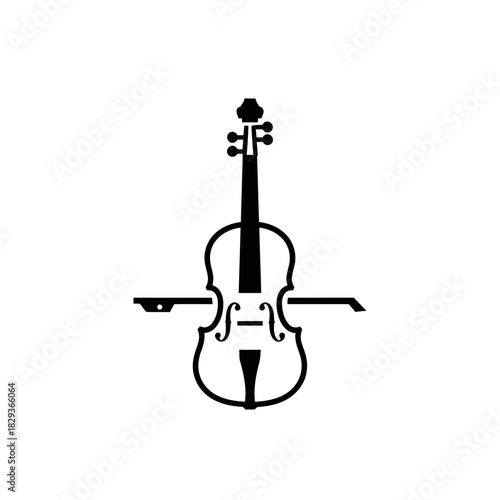 Minimalist flat design logo of silhouette of a violin with a bow, a classic stringed instrument vector logo template