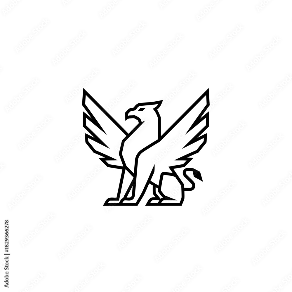 Obraz premium Minimalist flat design logo of majestic griffin with outstretched wings, a symbol of strength and vigilance vector logo template