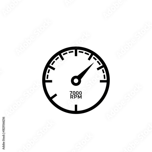 Minimalist flat design logo of a simple black and white tachometer gauge indicating 7000 rpm vector logo template
