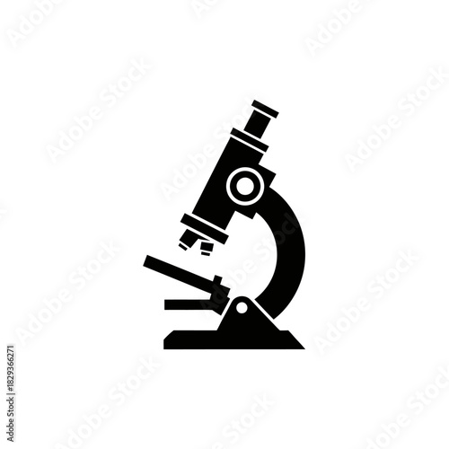Minimalist flat design logo of microscope icon, a scientific instrument for viewing small objects vector logo template