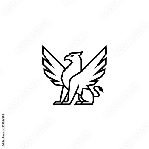 Minimalist flat design logo of majestic griffin with outstretched wings, a symbol of strength and vigilance vector logo template