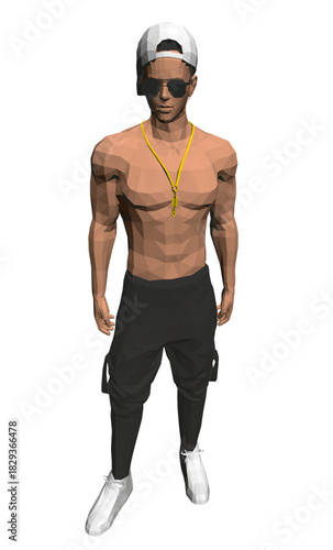 A man in a white cap and black pants wears a yellow locket and goggles on his head, standing against a plain white background.