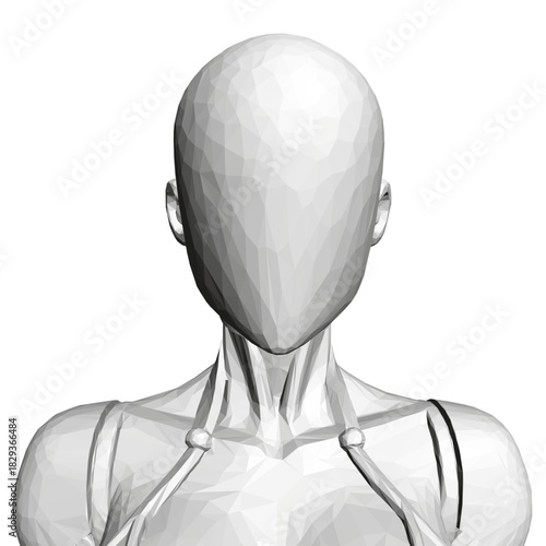 A robotic girl with polygonal features stands beside a bald, shirtless man in low poly art. Both figures are set against a clean white background.