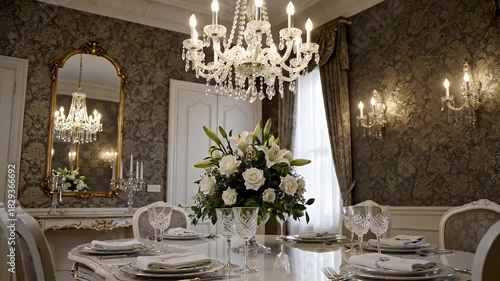 Elegant Dining Room With White Table Setting Crystal Chandelier and Ornate Mirror Displaying Luxury Ambiance with Soft