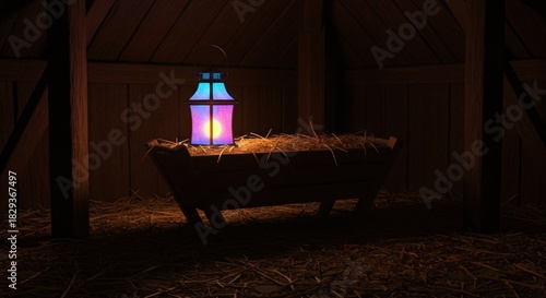 A glowing lantern illuminates a wooden manger filled with hay inside a rustic barn