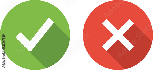 Green check mark and red cross icons set in flat design with long shadow, symbolizing approval, correctness, success, confirmation, rejection, failure, and incorrectness for user interface elements.
