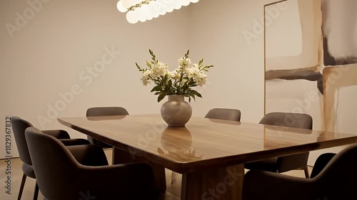 Elegant Dining Room With Modern Chandelier And Abstract Art On Wall In Daytime Lighting