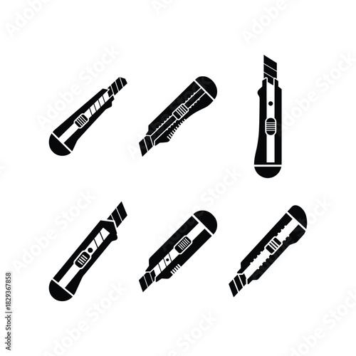 Cutter silhouette icon set with utility knife shape