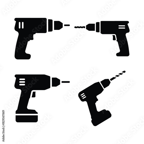 Drill silhouette icon set with handheld tool shape