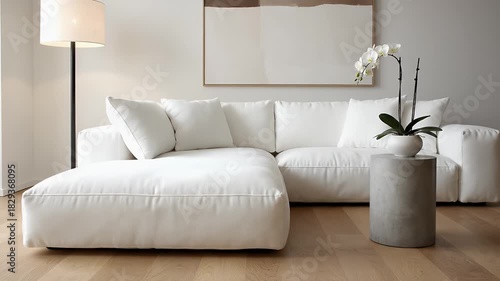 Modern Living Room With A White Sectional Sofa Orchid Plant And Artwork On Wall