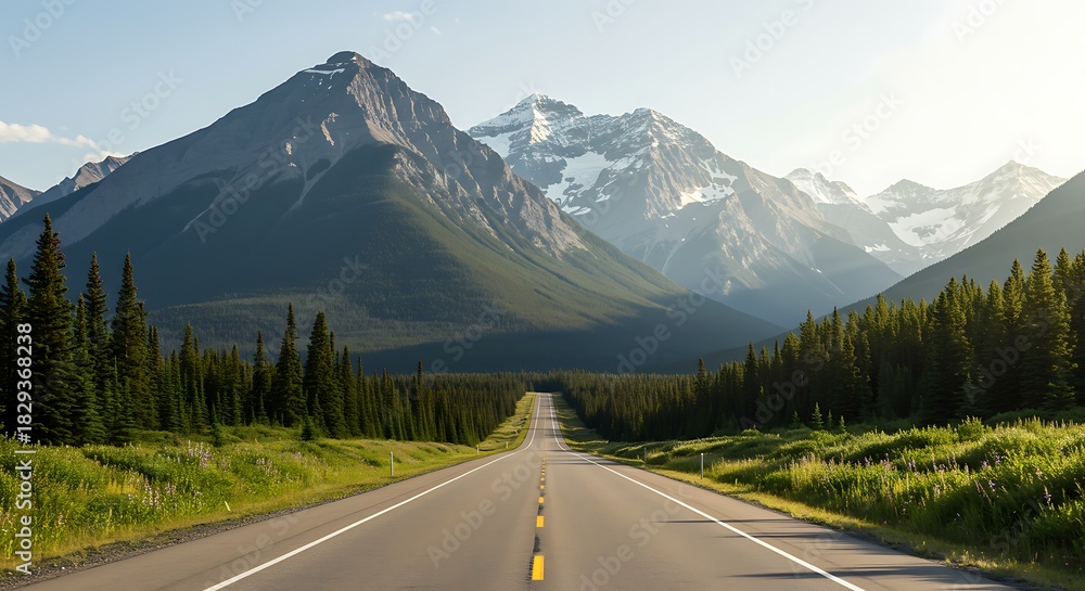 Fototapeta premium Open road stretching through evergreen trees toward snow-capped mountains under a clear sky