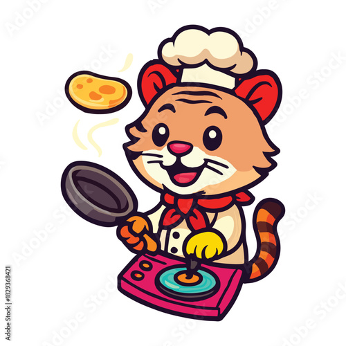 Chef Tiger Disc Jockey Cat Spins Vinyl, Flipping Pancake Fleck with Whiskered Culinary Beat