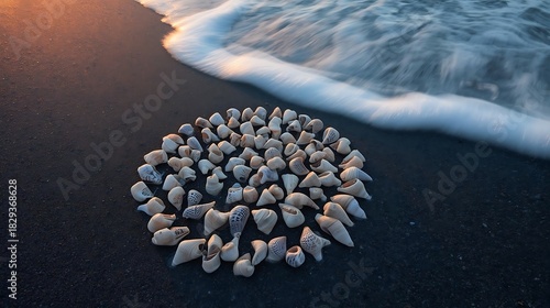Fototapeta Naklejka Na Ścianę i Meble -  Arrangement of seashells on dark sand with long exposure ocean wave