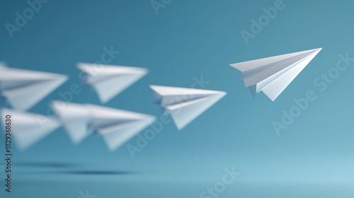 Paper planes flying in formation on blue background, one plane breaking away, faceless conceptual composition, slightly defocused, breaking new ground concept, leadership and innovation visualization,
