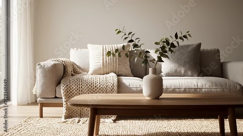 Serene Living Room With Natural Light And Neutral Tones Featuring A White Sofa And Wooden Coffee Table