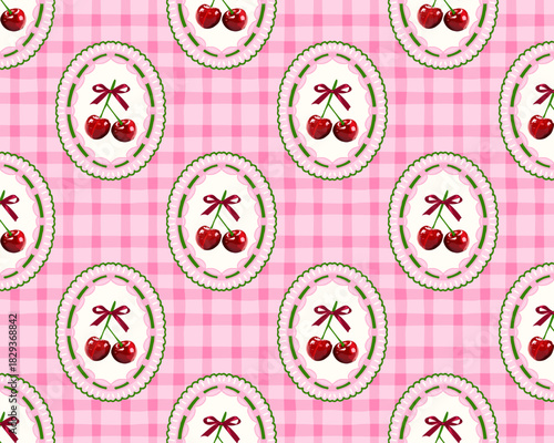 Pink Gingham Cherry Seamless Pattern. Cute Vintage Oval Frame Fruit Repeat Design
