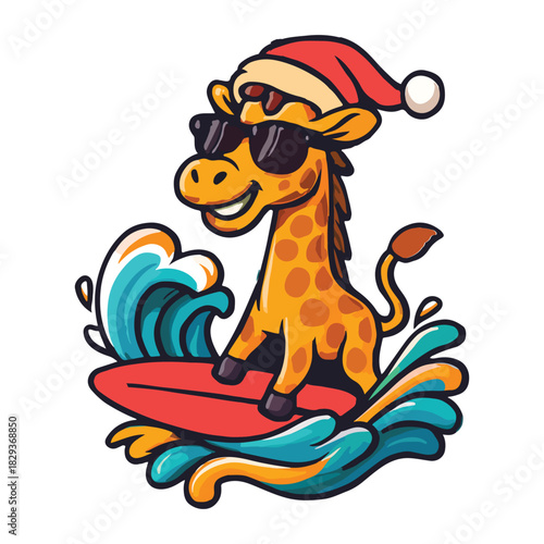 Gleeful surfing giraffe wearing Santa hat rides a wave, delivering festive coastal cheer far and wide.