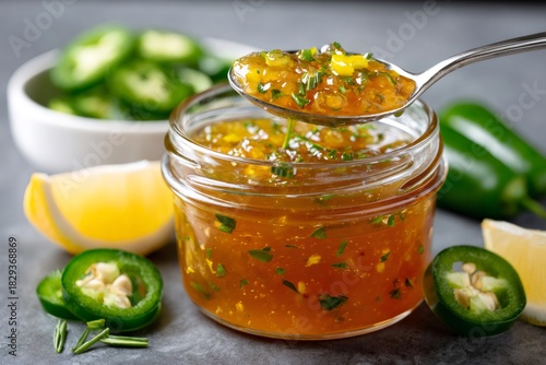 Jalapeño pepper jelly spooning from glass jar