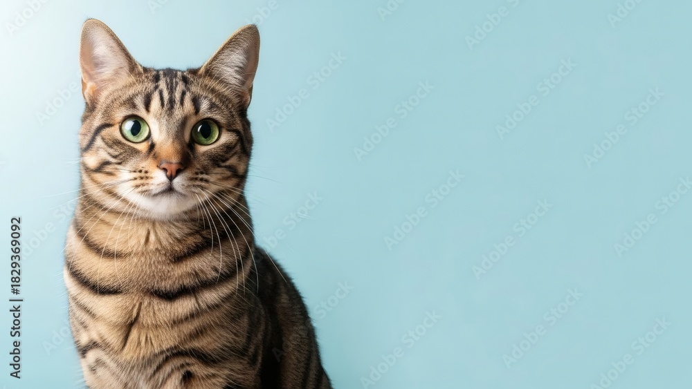 Obraz premium A close-up studio portrait of a tabby cat looking directly at the viewer with a neutral expression.