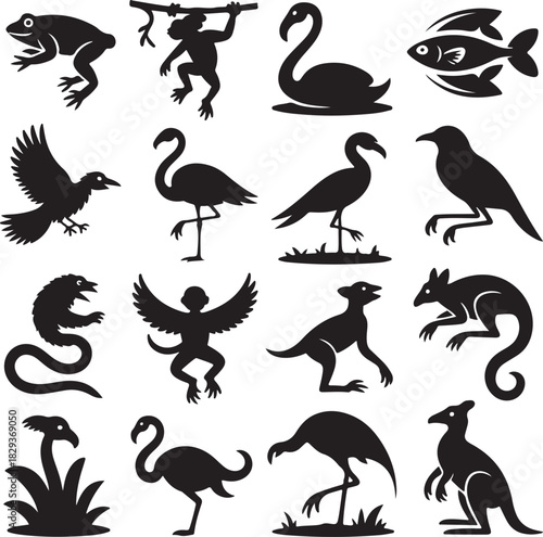 Collection of vector animal silhouettes isolated on white background