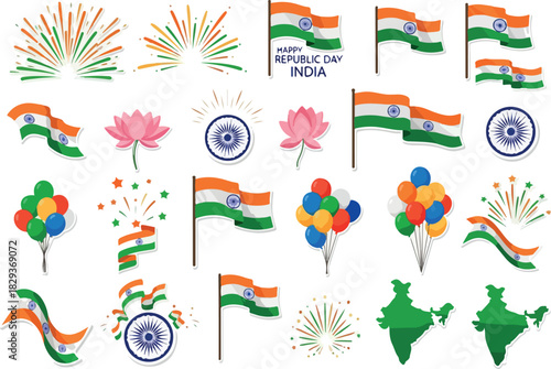 Indian Republic Day Celebration Flags, Lotus, Balloons and Ashoka Chakra Vector Design