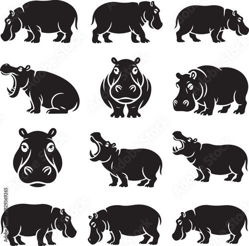 Collection of vector silhouette illustrations featuring hippos in various poses