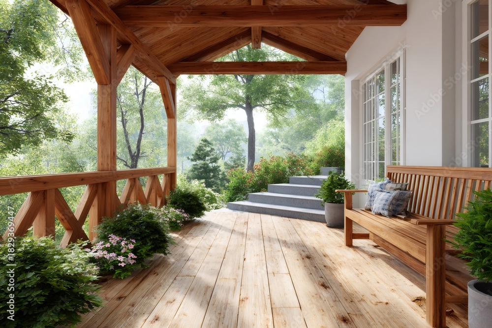 Obraz premium Wooden porch with bench overlooking a lush forest