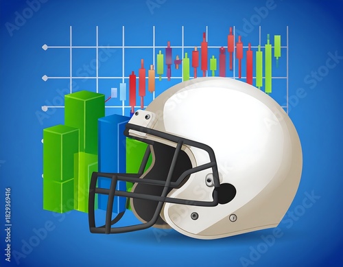 An American football helmet against a rising financial graph, symbolizing business and sport