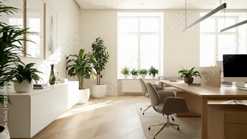 Bright Modern Office Space with Natural Light and Lush Green Plants Flooded with Sunlight Creating a Serene Atmosphere