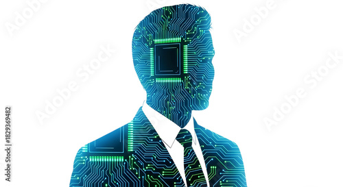 Silhouette of a man with a circuit board pattern and the word geo on transparent background