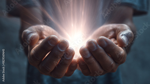 A pair of hands cupped together holding a bright light source emanating upwards strongly