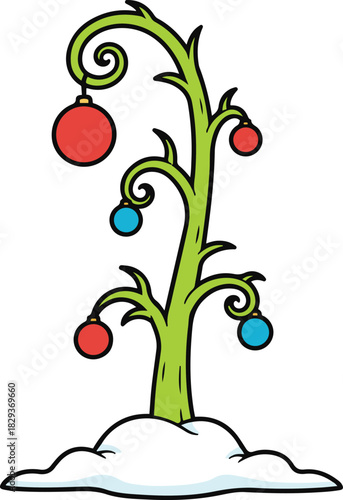 Whimsical vector cartoon illustration of a skinny, curved green Christmas tree decorated with red and blue ball ornaments sitting on a mound of snow.