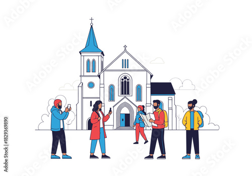 Tourists enjoy sunny day at white church with blue accents. Suitable for travel brochures, websites, and tourism advertisements.