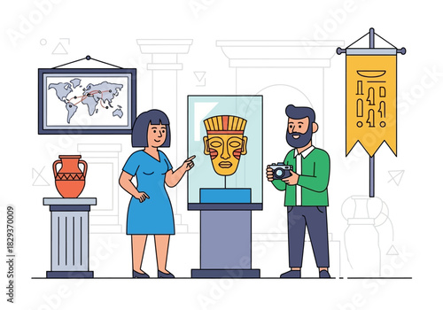 Man photographs artifact as woman admires in museum. Ideal for travel blogs, cultural websites, educational materials, and art history publications.