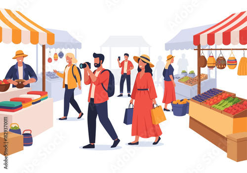 People shop beneath cheerful awnings at an outdoor market. Ideal for promoting markets, shopping, summertime activities, and community events.