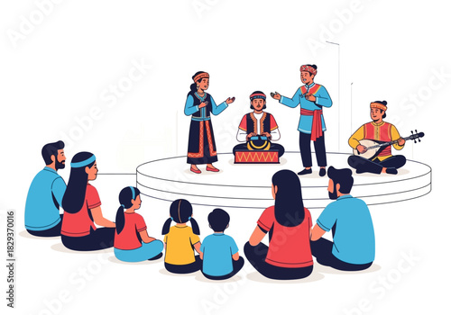 Group watches a performance with music and singing on a stage. Suitable for music events, concerts, entertainment, and live performances.