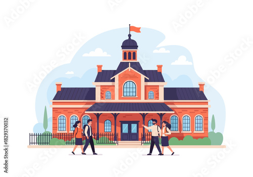 Large brick school building with students walking near. Suitable for educational themes, back to school concepts, and promoting school events.