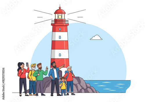 Group of tourists admiring striped red and white lighthouse by water suitable for travel brochures, tourism websites, coastalthemed designs.