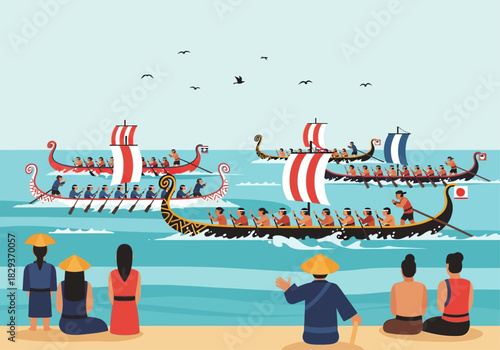 Boats with passengers sailing near spectators on water. Suitable for travel blogs, nauticalthemed designs, boating advertisements, and recreation websites.