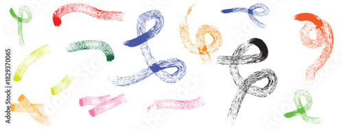 Collection colorful bold curved lines with loops isolated on white. Hand drawn bold grunge wavy and swirled brush strokes. Simple childish vector scribbles and squiggles. Creative trendy style design