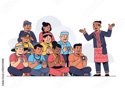 Tour guide leads a group of tourists capturing moments outdoors. Suitable for travel brochures or tourism websites.