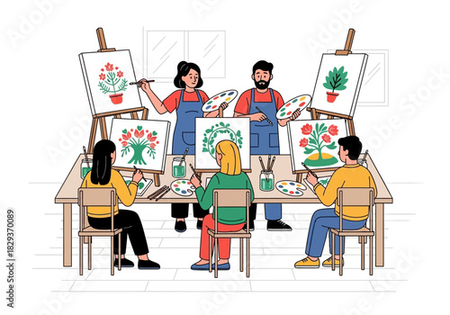 Art class with people painting flowers on canvases, creative learning environment, group activity, hobby enthusiasts, artistic expression, social interaction.