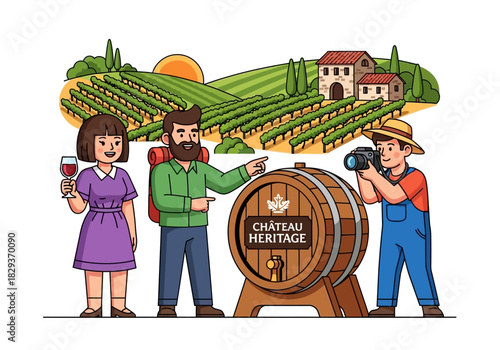 Tourists visiting chteau vineyards, tasting wine, and capturing moments around wooden barrels. Ideal for travel, wine tourism, barrestaurant visuals.