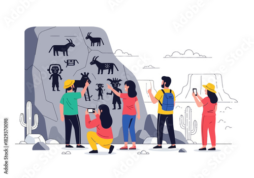 Tourists capture ancient petroglyphs on a desert rock art panel, suitable for travel and historical content.