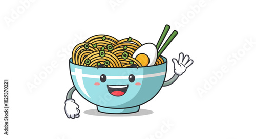 Animated ramen bowl character cheerfully waving with noodles, toppings, and chopsticks