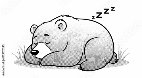 Grayscale artistic rendering of a bear sleeping peacefully with stylized sleep bubbles above its