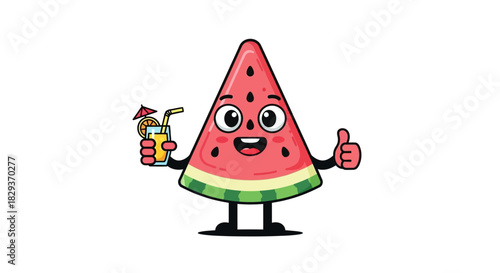 Cheerful watermelon character enjoying a refreshing juice and giving a thumbs up signal