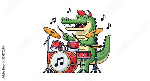 Animated alligator drummer performing a cheerful solo with musical notes surrounding him