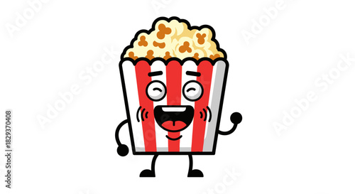 Cheerful popcorn bucket character waving joyfully on a pristine white backdrop